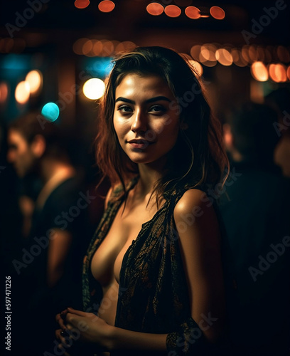 Attractive young woman in club keeping eye contact with you - AI Portrait Photography