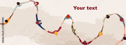 Banner copy space. Volunteer people concept. Multicultural people holding hands. People diversity. Hands in a circle. NGO Aid. Solidarity. Recruitment volunteer. Non profit.Volunteerism