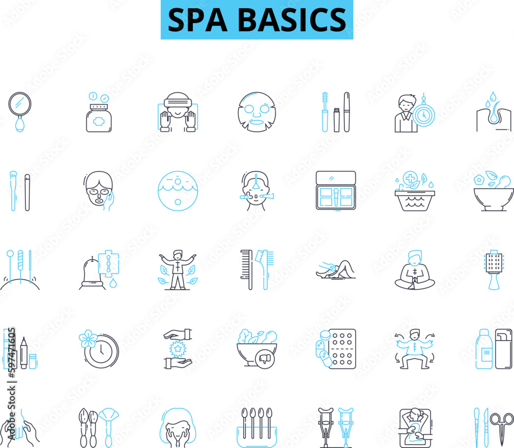 Spa basics linear icons set. Relaxation, Pampering, Massage, Soothing, Aromatherapy, Meditation, Skincare line vector and concept signs. Rejuvenation,Sauna,Wellness outline illustrations Spa basics linear icons set. Relaxation, Pampering, Massage, Soothing, Aromatherapy, Meditation, Skincare line vector and concept signs. Rejuvenation,Sauna,Wellness outline illustrations