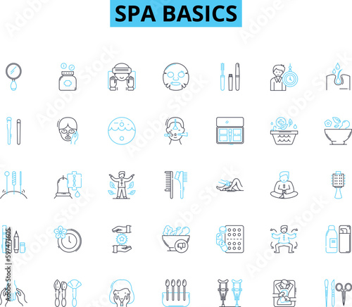 Spa basics linear icons set. Relaxation, Pampering, Massage, Soothing, Aromatherapy, Meditation, Skincare line vector and concept signs. Rejuvenation,Sauna,Wellness outline illustrations
