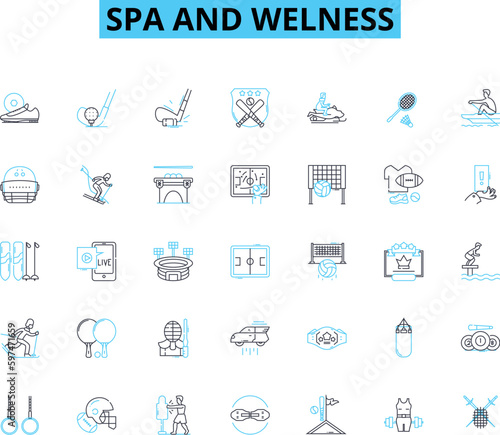 Spa and welness linear icons set. Relaxation, Serenity, Rejuvenation, Tranquility, Bliss, Pampering, Renewal line vector and concept signs. Harmony,Wellness,Meditation outline illustrations