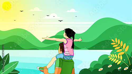 Happy father s day. Girl Sitting On Shoulder Of Her Father  happy together and enjoying beach view illustration 