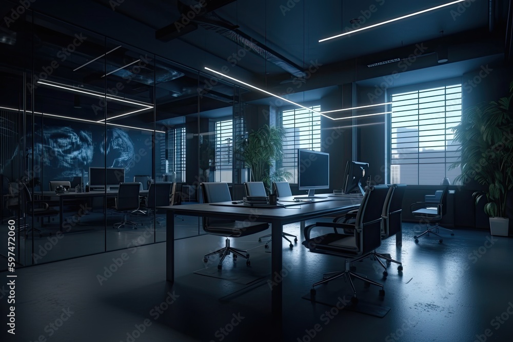 office background for zoom call, unreal engine, octane render, black light, photorealistic, blur. generative ai