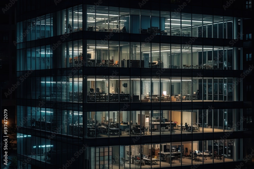 office building at night, glass facade, rooms lit up and people working inside, only windows. generative ai office building at night, glass facade, rooms lit up and people working inside, only windows. generative ai