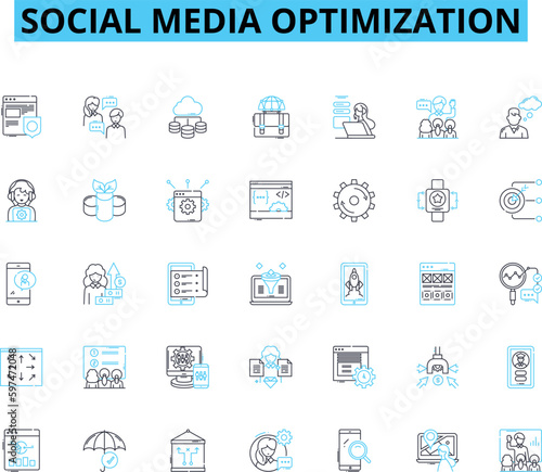 Social media optimization linear icons set. Branding, Engagement, Sharing, Visibility, Content, Analytics, Hashtags line vector and concept signs. Posting,Connections,Reach outline illustrations