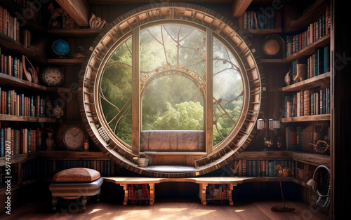 Vintage retro library with large circle window and sun rays. Generative AI.