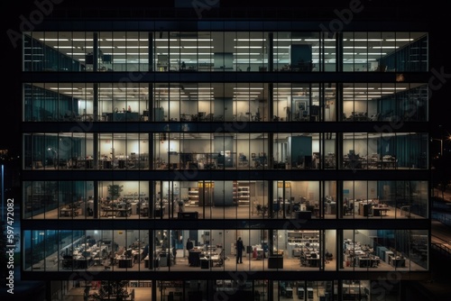office building at night, glass facade, rooms lit up and people working inside, only windows. generative ai