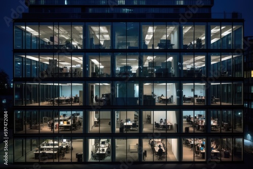 office building at night, glass facade, rooms lit up and people working inside, only windows. generative ai