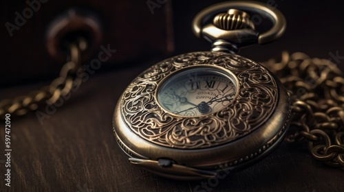 Fine details on a vintage pocket watch. AI generated