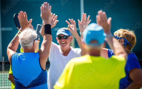 Pickleball senior players high-fiving after a successful point in the summer. Generative AI