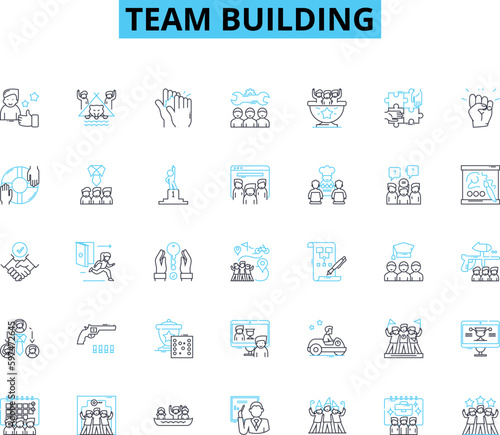 Team building linear icons set. Collaboration, Trust, Unity, Communication, Connection, Synergy, Bonding line vector and concept signs. Motivation,Engagement,Cohesion outline illustrations