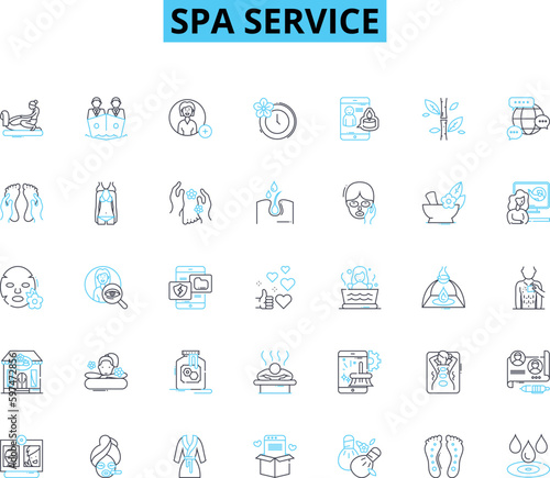 Spa service linear icons set. Relaxation, Pampering, Rejuvenation, Serenity, Therapy, Bliss, Tranquility line vector and concept signs. Massage,Health,Beauty outline illustrations