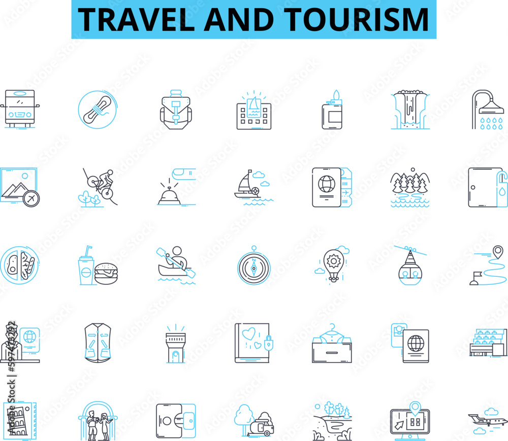 Travel and tourism linear icons set. Adventure, Backpacking, Beaches, Culture, Eco-tourism, Food, Hospitality line vector and concept signs. Islands,Landmarks,Mountains outline illustrations
