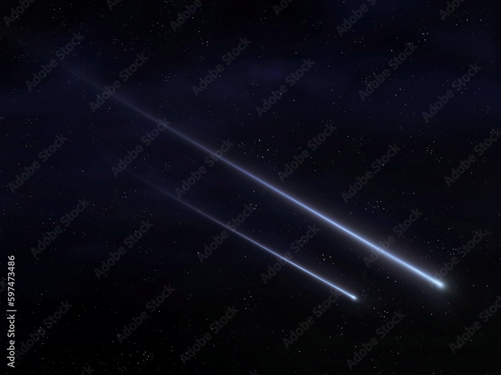 Bright meteorites in starry night sky. Two meteoroids on a black background. Meteor glowing trails.