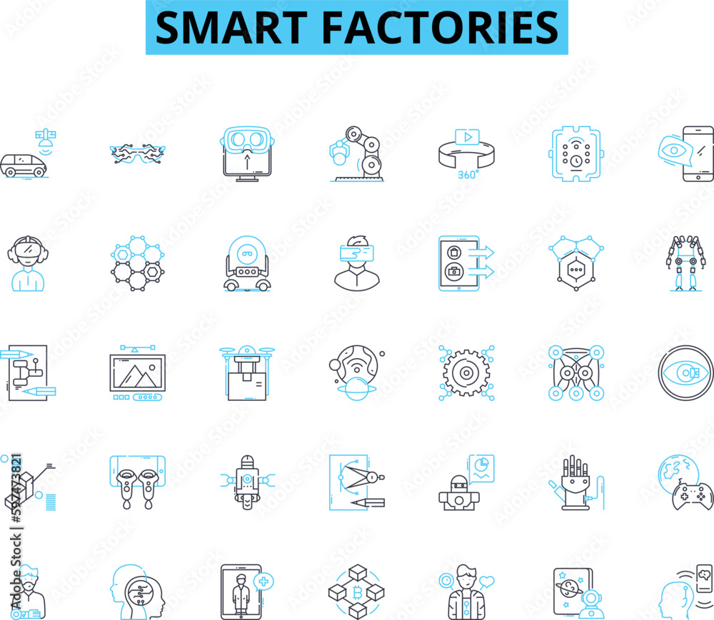 Smart factories linear icons set. Automation, Robotics, Efficiency, Innovation, Integration, Digitization, Optimization line vector and concept signs. Connectivity,Intelligence,Interconnectivity
