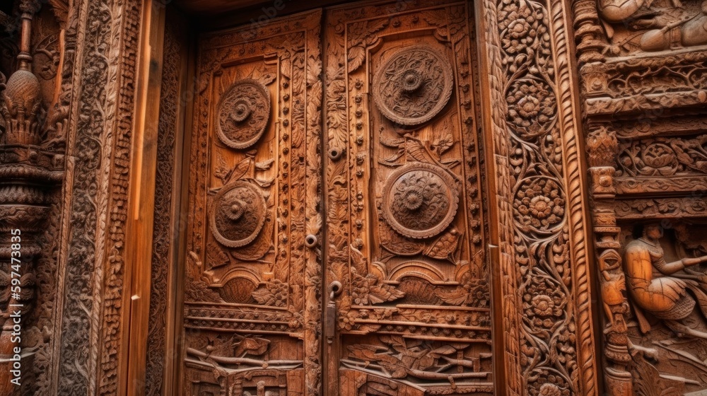 Intricate carvings old wooden door, close-up. AI generated