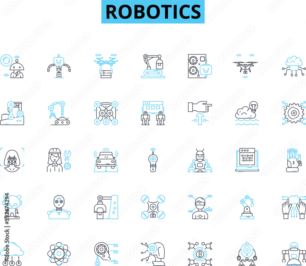 Robotics linear icons set. Automation, AI, Mechanics, Programming, Sensors, Machine, Algorithms line vector and concept signs. Innovation,Technology,Assembly outline illustrations Robotics linear icons set. Automation, AI, Mechanics, Programming, Sensors, Machine, Algorithms line vector and concept signs. Innovation,Technology,Assembly outline illustrations