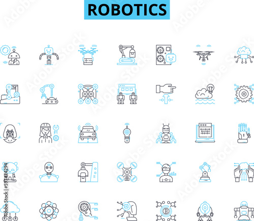 Robotics linear icons set. Automation, AI, Mechanics, Programming, Sensors, Machine, Algorithms line vector and concept signs. Innovation,Technology,Assembly outline illustrations