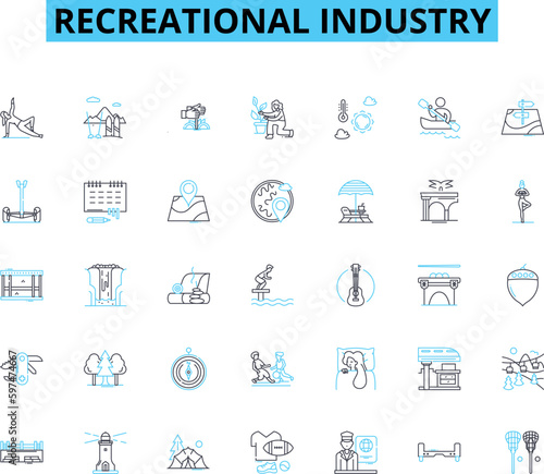 Recreational industry linear icons set. Adventure, Leisure, Entertainment, Amusement, Relaxation, Fun, Excitement line vector and concept signs. Travel,Activities,Attractions outline illustrations