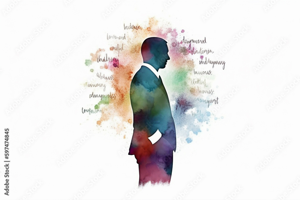 Obraz premium Silhouette of a businessman with colorful watercolor on white background. Generative AI