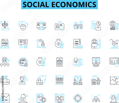 Social Economics linear icons set. Inequality, Welfare, Capitalism, Socialism, Redistribution, Injustice, Poverty line vector and concept signs. Prosperity,Equity,Labor outline illustrations