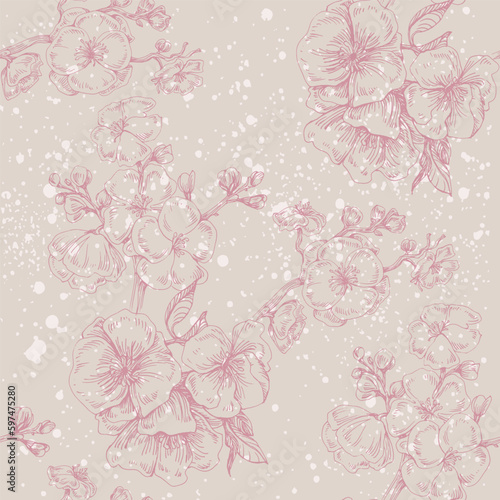 Seamless pattern with cherry tree blossom. Vintage hand drawn vector illustration in sketch style. Pink cherry flowers textile print, spring tree blossom fabric, rosy simple flowers.