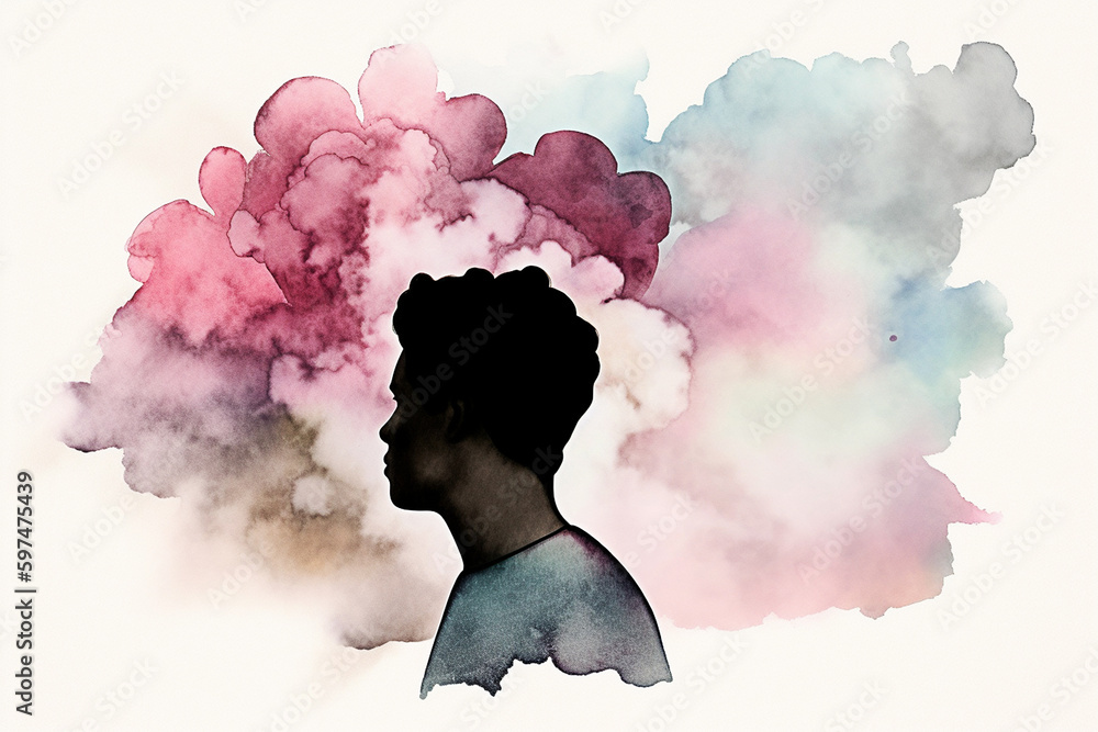 Double exposure portrait of a man with a cloud of colorful clouds. Generative AI