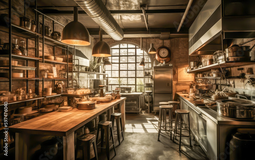 modern restaurant kitchen, generative ai © VicenSanh