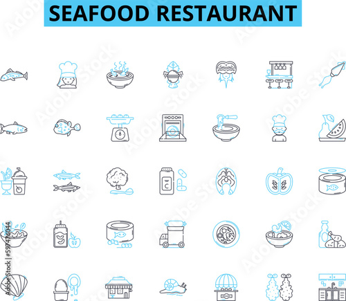 Seafood restaurant linear icons set. Oceanic, Nautical, Marina, Catch, Shellfish, Fishmonger, Shrimp line vector and concept signs. Lobster,Crab,Oyster outline illustrations