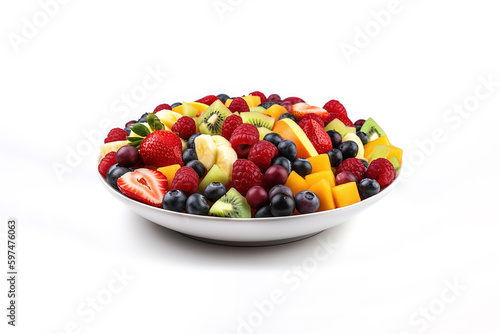 Fruit berry salad on a plate isolated on a white background. Created with Generative AI Technology