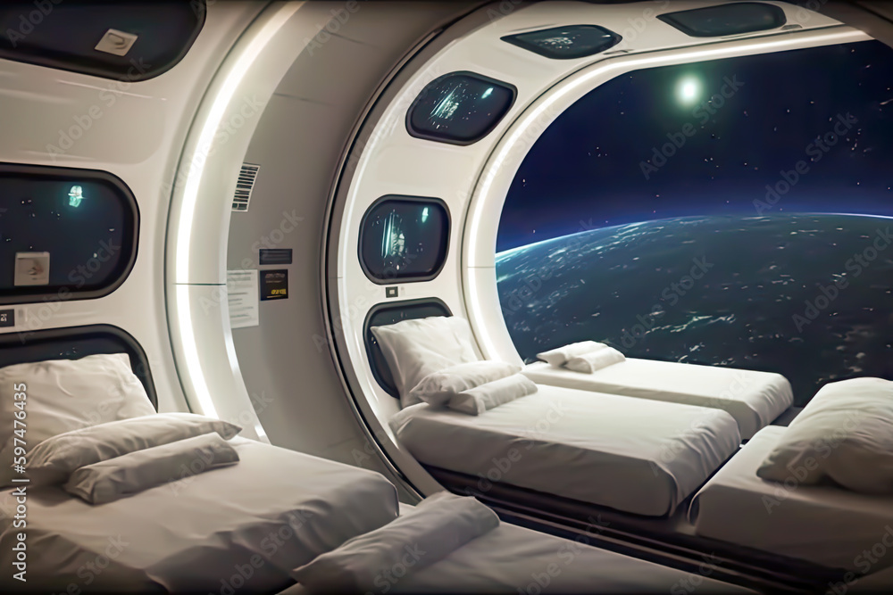 interior view of a space hotel capsule room in the space, generative ai