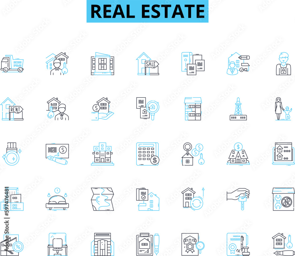 Real estate linear icons set. Property, Home, Mortgage, Investment, Agent, Equity, Rent line vector and concept signs. Broker,Lease,House outline illustrations