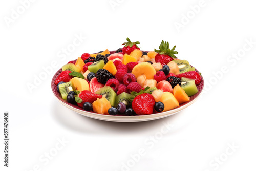 Fruit berry salad on a plate isolated on a white background. Created with Generative AI Technology