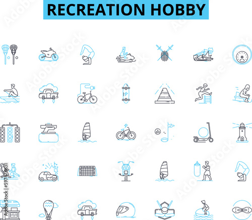 Recreation hobby linear icons set. Swimming, Cycling, Running, Yoga, Painting, Hiking, Skiing line vector and concept signs. Gardening,Photography,Reading outline illustrations