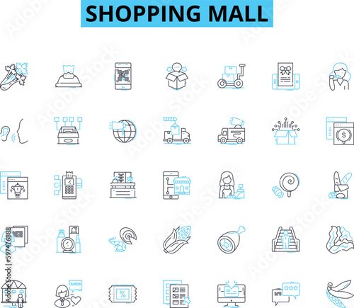 Shopping mall linear icons set. Retail, Mall, Shopping, Brands, Shops, Stores, Fashion line vector and concept signs. Trends,Deals,Sales outline illustrations