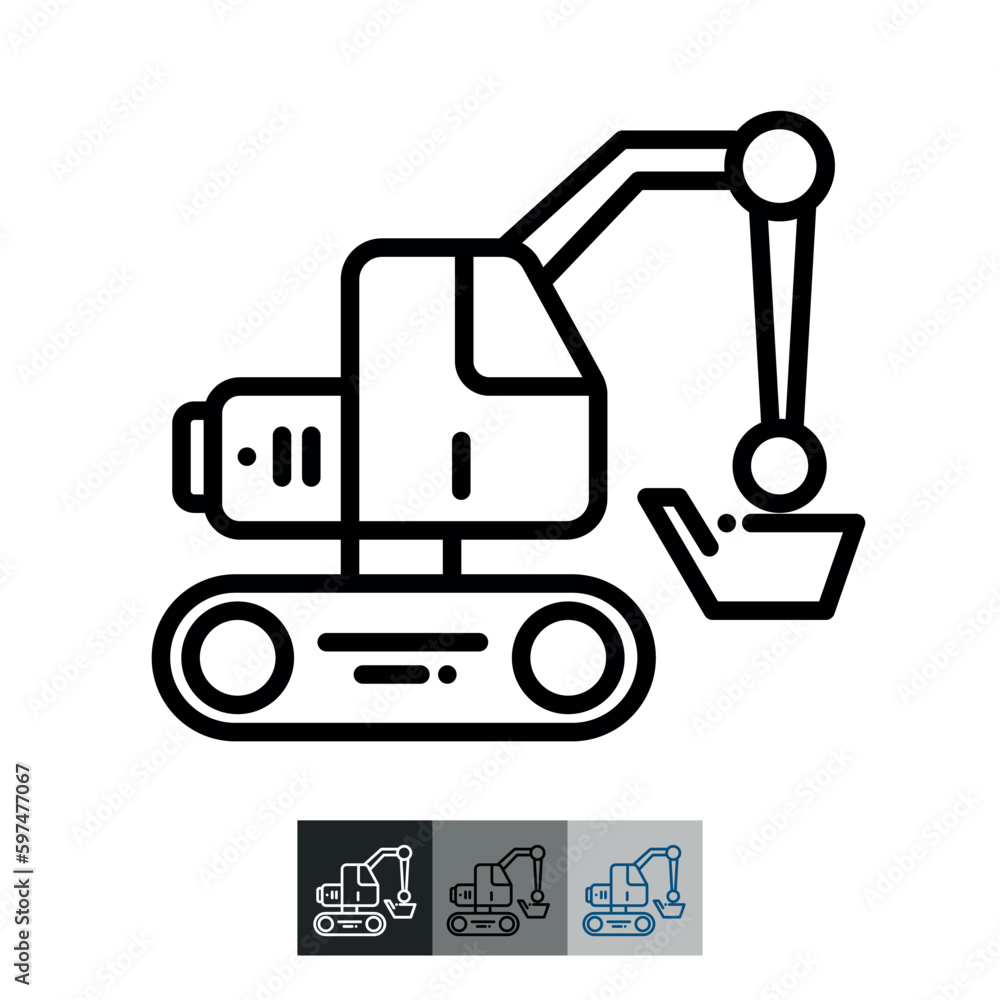 Excavator linear icon. Heavy equipment machine. Coal mining industry. Motor vehicle. Ore extraction. Line illustration. Contour symbol. Vector outline drawing. Excavator linear icon. Heavy equipment machine. Coal mining industry. Motor vehicle. Ore extraction. Line illustration. Contour symbol. Vector outline drawing.