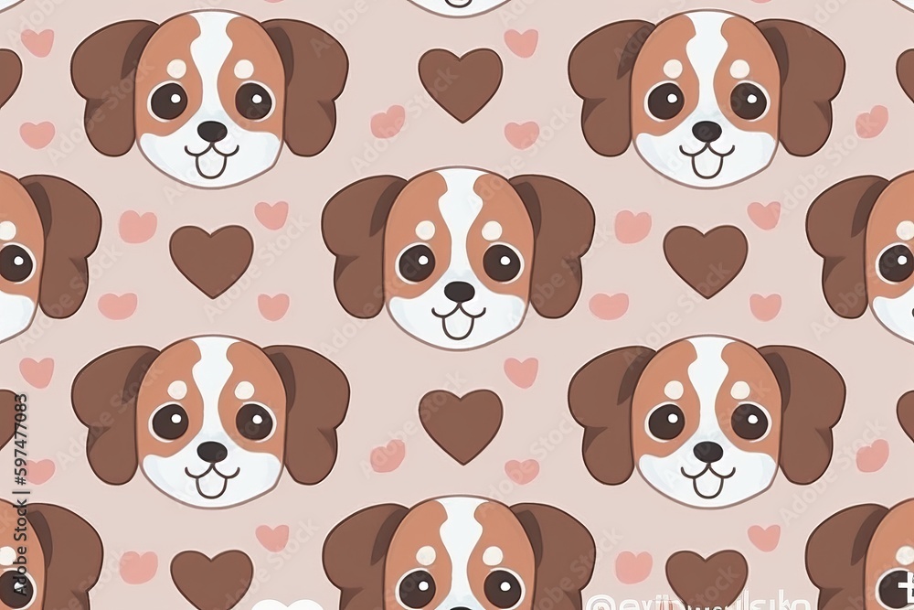 A seamless pattern featuring a cute anime-style dog face with big eyes and floppy ears, rendered in soft shades of brown and white, surrounded by paw prints and bones, seamless pattern with dogs A seamless pattern featuring a cute anime-style dog face with big eyes and floppy ears, rendered in soft shades of brown and white, surrounded by paw prints and bones, seamless pattern with dogs
