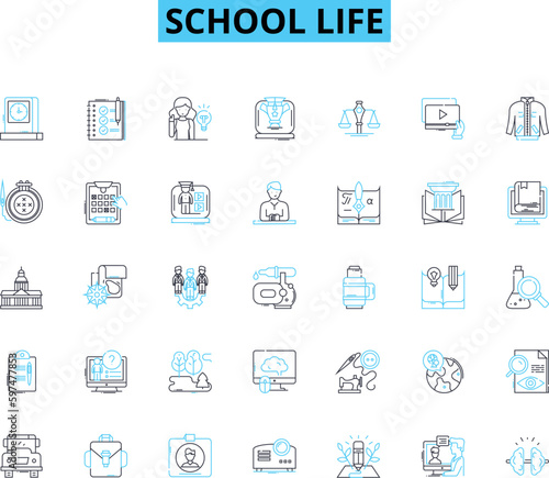 School life linear icons set. Education , Homework , Exams , Friends , Teachers , Textbooks , Lunchtime line vector and concept signs. Sports ,Lockers ,Recess outline illustrations