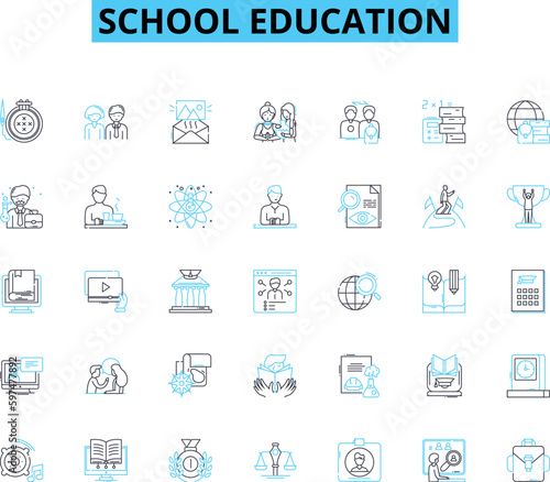 School education linear icons set. Learning, Curriculum, Homework, Attendance, Achievement, Discipline, Examination line vector and concept signs. Graduation,Literacy,Progress outline illustrations