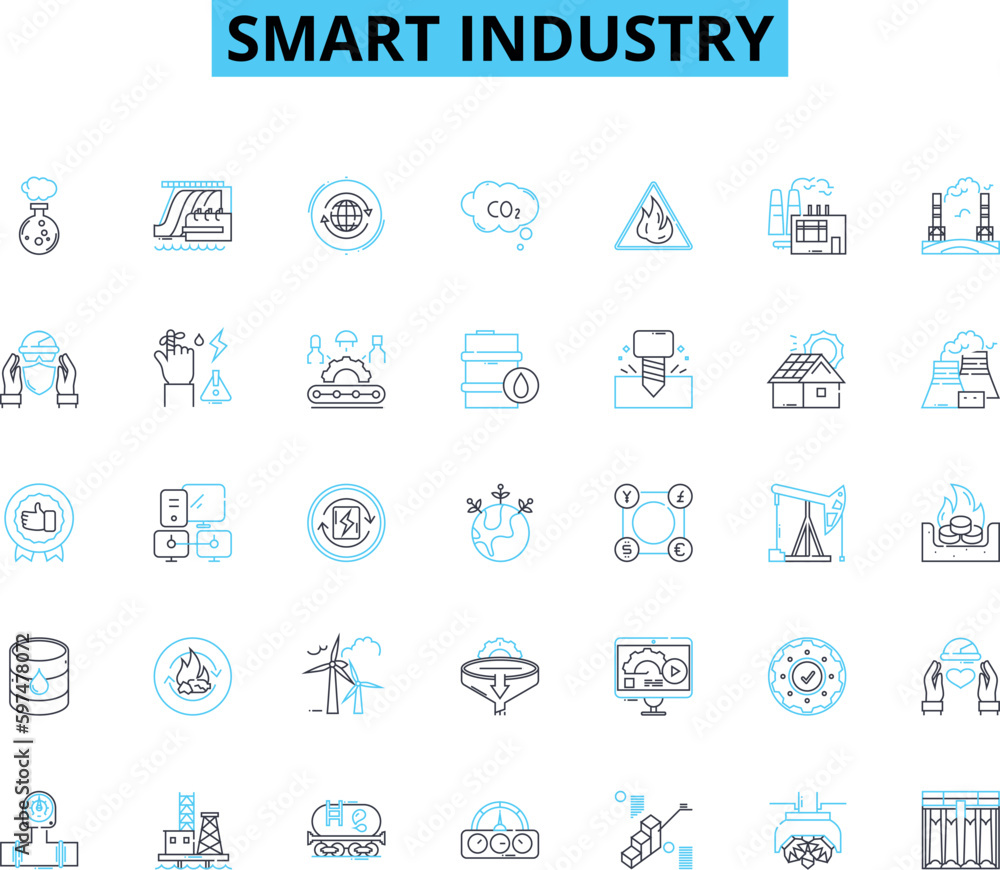 Smart industry linear icons set. Automation, Robotics, IoT, Artificial Intelligence, Big Data, Cloud Computing, Augmented Reality line vector and concept signs. Virtual Reality, Machine Learning