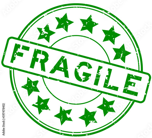 Grunge green fragile word with star icon round rubber seal stamp on white background