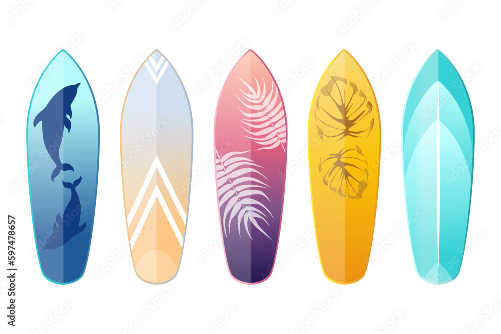 A set of surfboards, with various patterns.Summer elements.Vector illustration isolated on a white background. A set of surfboards, with various patterns.Summer elements.Vector illustration isolated on a white background.
