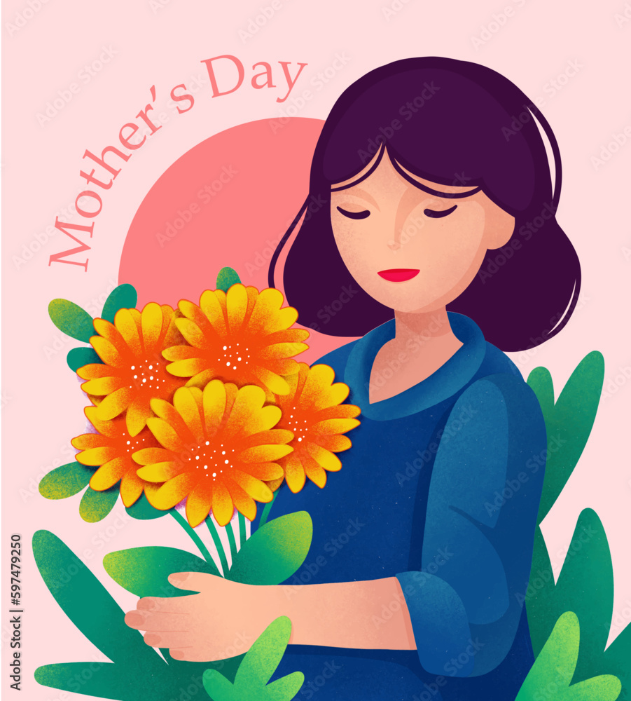 Vector illustration of a greeting card for Mother's Day with a woman holding a bouquet of flowers