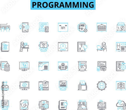 Programming linear icons set. Debugging, Syntax, Function, Algorithm, Compiler, Loop, Variable line vector and concept signs. Code,Framework,Paradigm outline illustrations