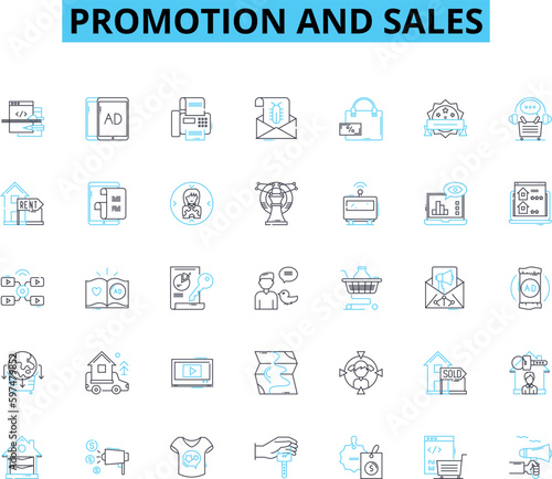 Promotion and sales linear icons set. Discounts, Offers, Coupons, Bundles, Sales, Clearance, Sale line vector and concept signs. Bargain,Event,Flash sale outline illustrations