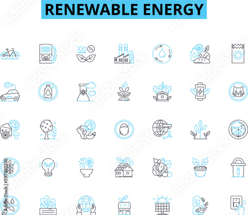 Renewable energy linear icons set. Solar, Wind, Hydro, Geothermal, Biomass, Tidal, Wave line vector and concept signs. Sustainable,Efficiency,Clean outline illustrations