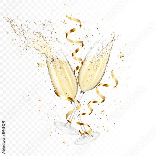 Set of Transparent realistic wine glasses of champagne, isolated.