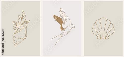 Abstract summer logo template with swallow and seashells. Modern minimal set of linear icons and emblems for social media, accommodation rental and travel services.