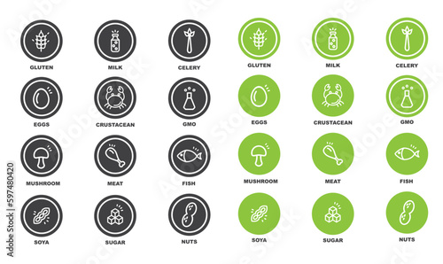 12 basic allergens and diet line icons set. Isolated on white background.