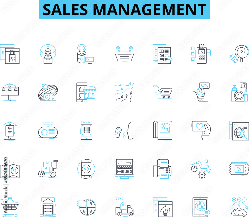 Sales management linear icons set. Prospecting, Pipeline, Forecasting, Territory, Metrics, Training, Performance line vector and concept signs. Quota, Incentives, Strategy outline illustrations Sales management linear icons set. Prospecting, Pipeline, Forecasting, Territory, Metrics, Training, Performance line vector and concept signs. Quota, Incentives, Strategy outline illustrations